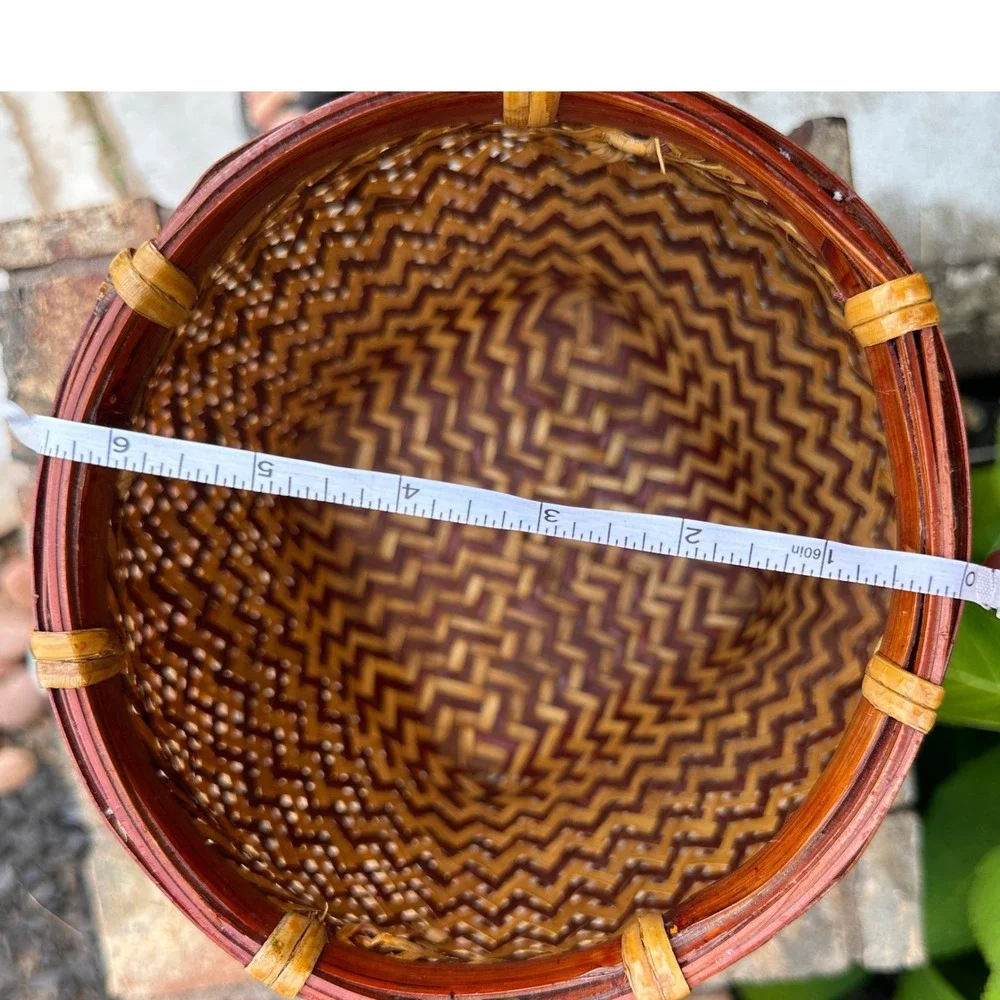 Vintage Woven Bamboo Basket Two Tone Brown Natural Footed Decorative Pot Small